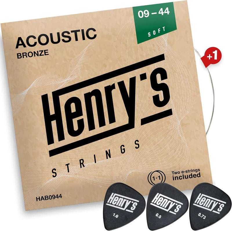 Henry's Strings Extra Light Acoustic Guitar Strings 09-44 - Easy On Fingers & Excellent Sound - Extra E-1 String & 3 Guitar Picks - Super Light Acoustic Guitar Strings - Steel 6 String Set Cuerdas Para Guitarra - Image 1